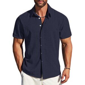 Men's Navy Blue Linen Short Sleeve Button Down Casual Shirt Business
